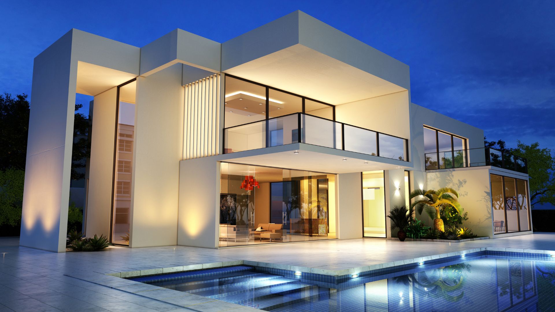 Modern two-story white house with glass walls and swimming pool at night