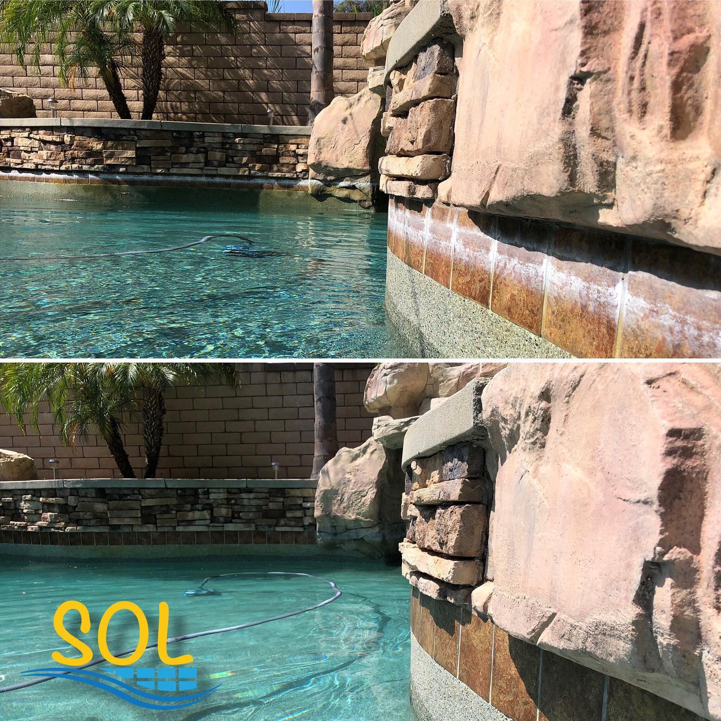 Stone-walled pool with turquoise water and landscaped rocky edges