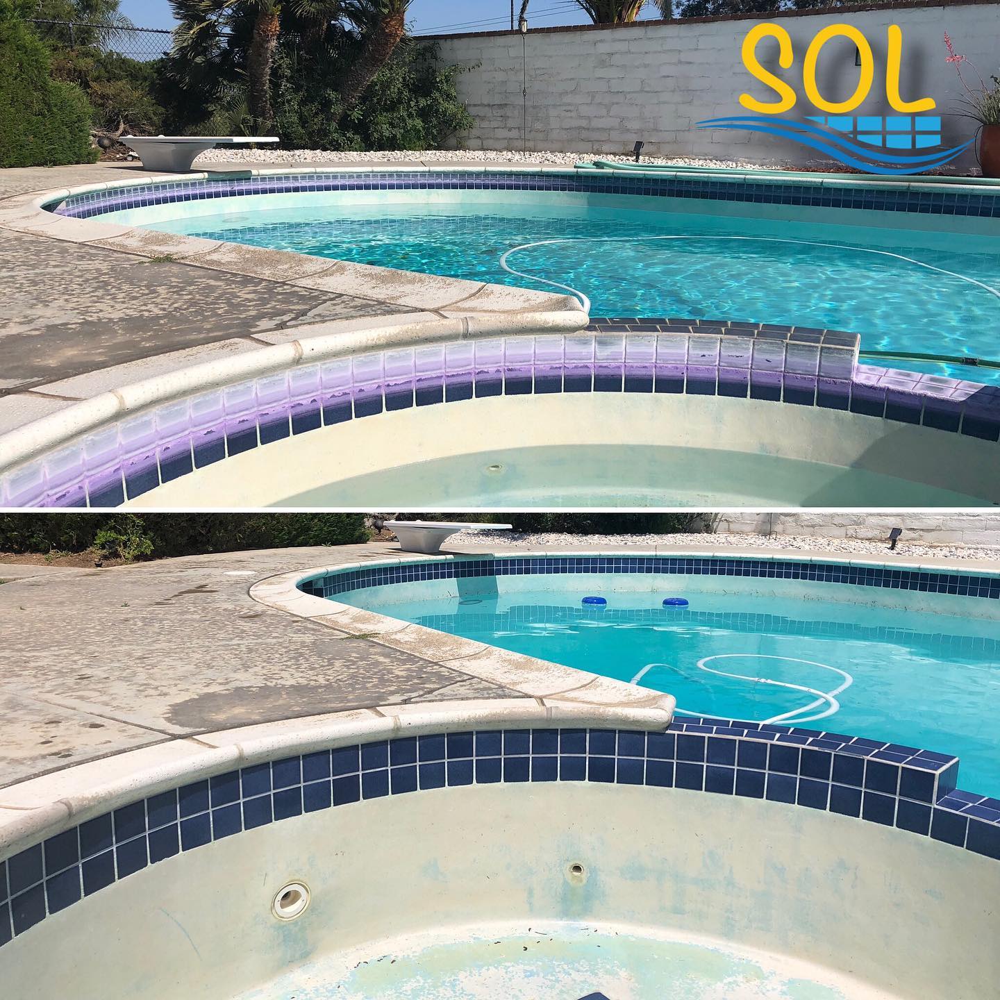 A dramatic before and after image showing the superior results of professional pool tile cleaning compared to DIY methods.