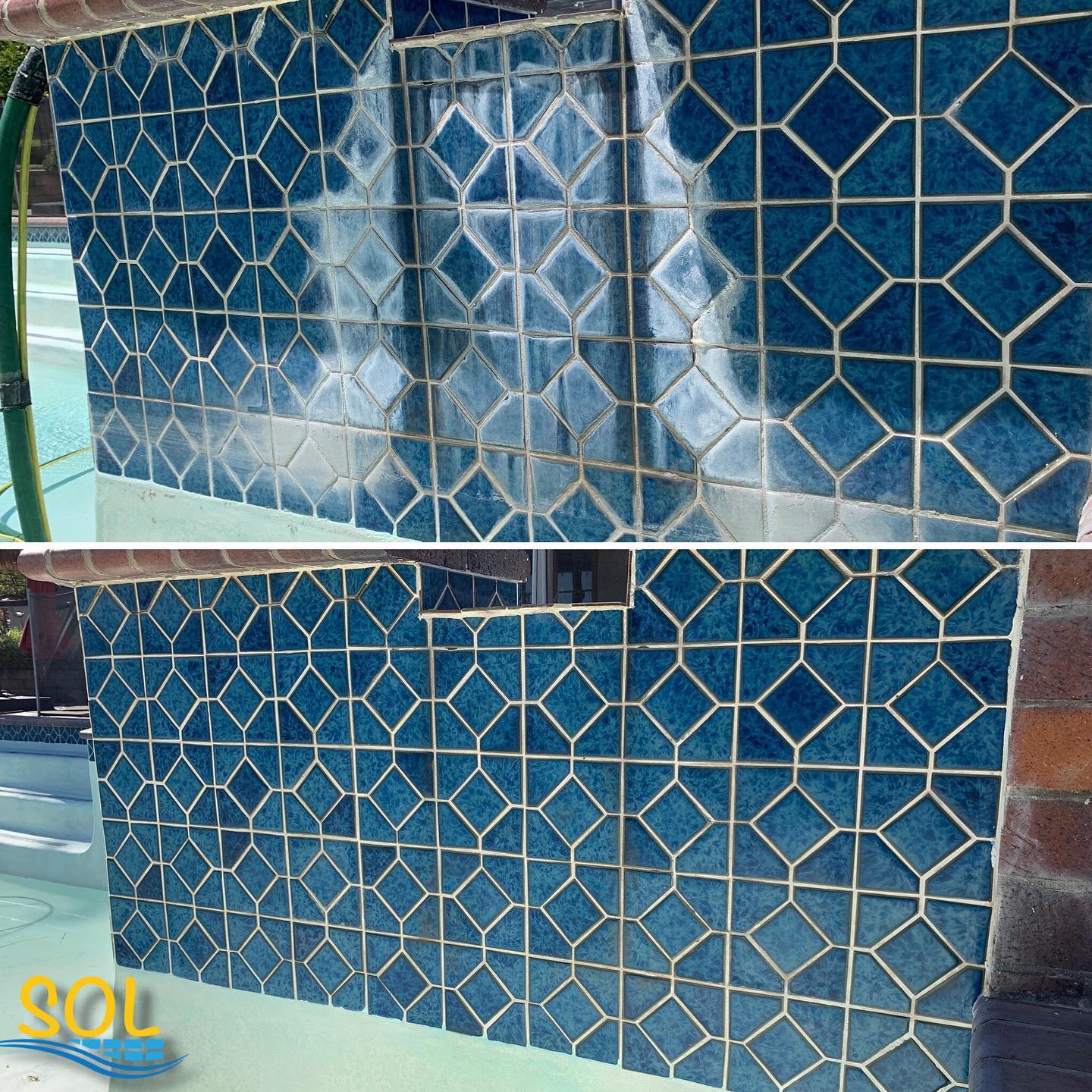 Blue geometric mosaic tiles with intricate pattern and varying shades