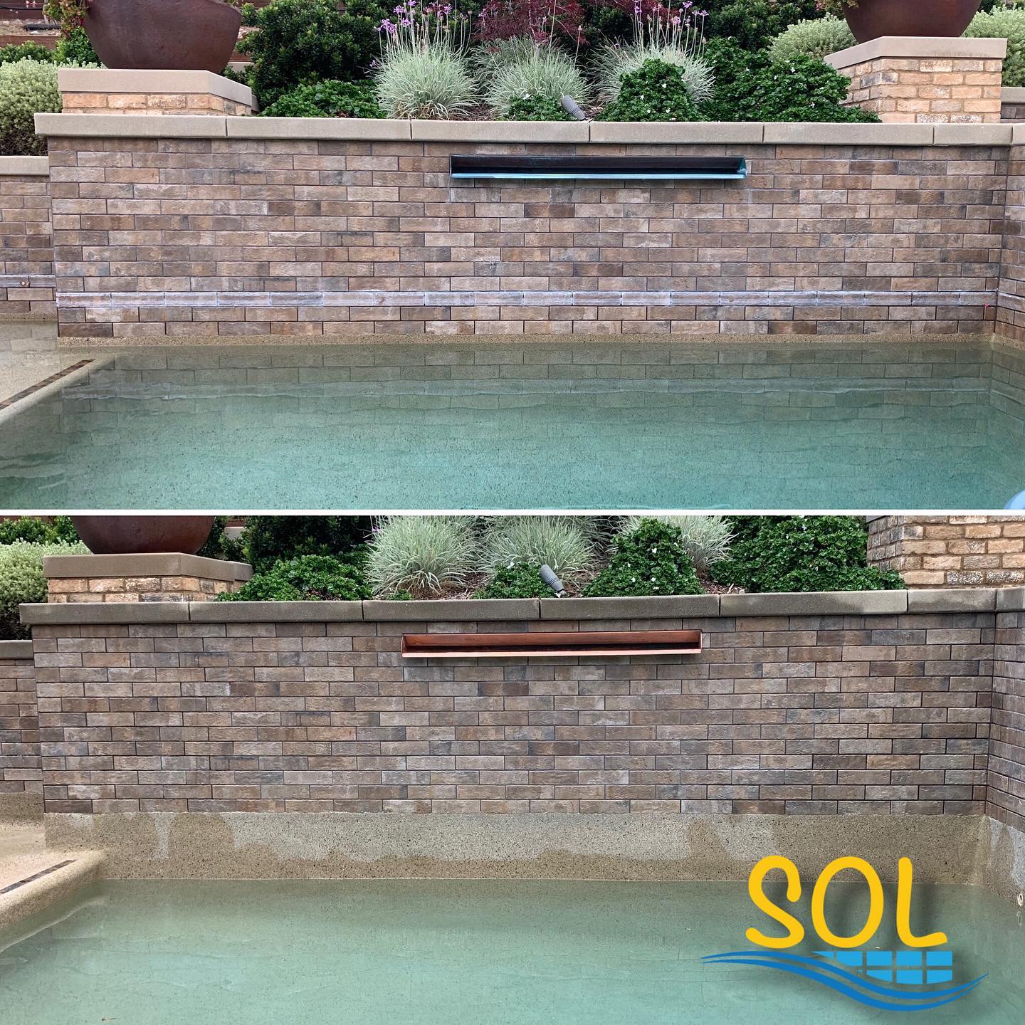 Tranquil swimming pool with brick wall and landscaped plants