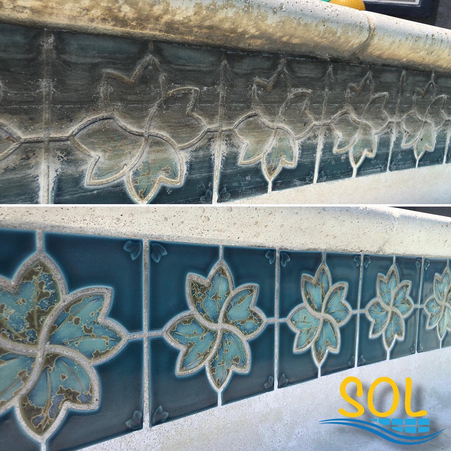 Blue ceramic tiles with flower-like pattern in geometric design