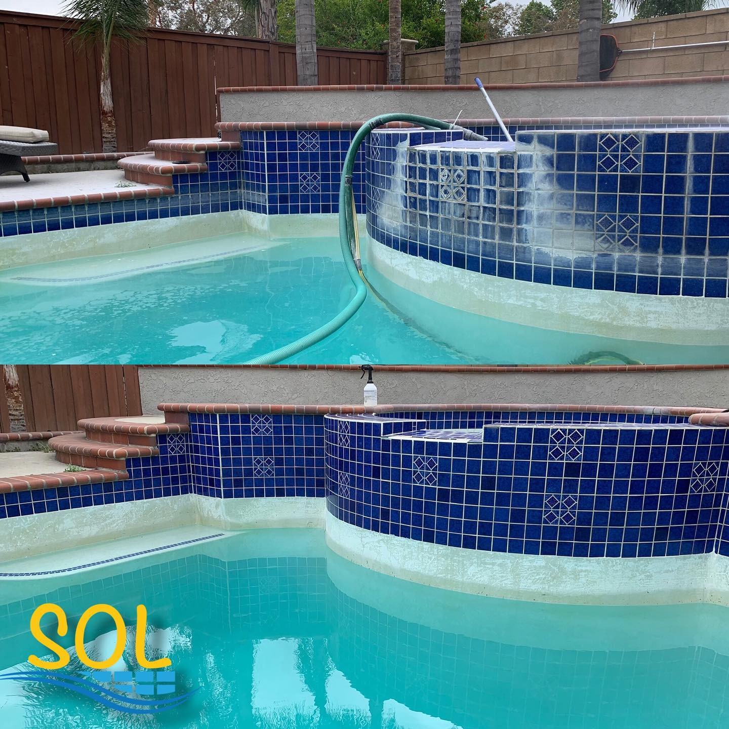 Blue tiled swimming pool with curved design and green hose